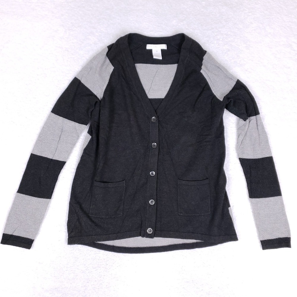 Design History‎ Cardigan Sweater Gray Stripe Medium Button Front Lightweight